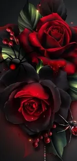 Dark gothic wallpaper with red roses and black spiders.