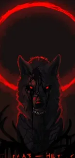 Dark red wolf wallpaper with bold, mystical theme.