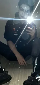 Reflective mirror selfie with dark attire and flash