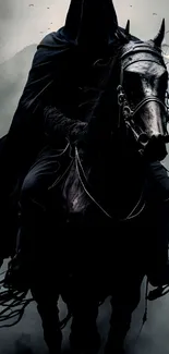 Dark hooded rider on black horse wallpaper.