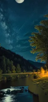 Starlit nightscape with moon and river in a serene forest setting.