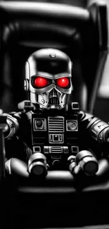 Dark robotic figure with red eyes on a mobile wallpaper.