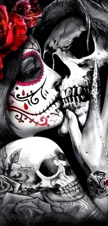 Gothic art with skulls and red roses, dark romantic theme.