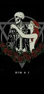 Romantic skeleton art with roses and geometric patterns in dark theme.