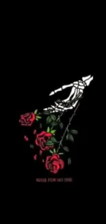 Gothic black wallpaper with red roses and skeletal hand.