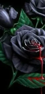 Dark roses with blood drips on black background wallpaper.