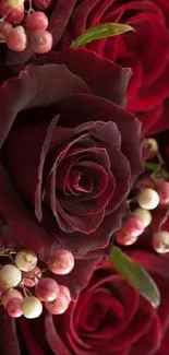 Dark red roses with small white berries on a smartphone wallpaper.