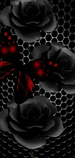 Black roses with red glow on hexagon background.