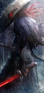 Samurai with red sword in the rain, dark and mystical mobile wallpaper.