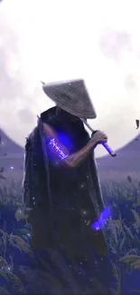 Dark samurai standing in a moonlit field with a glowing blue sword.
