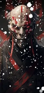 Dark samurai with snow falling, red accents.