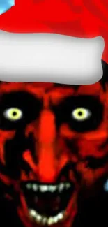 A spooky red-faced demon wearing a Santa hat, perfect for dark holiday themes.