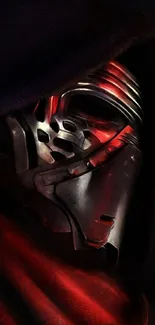 Dark sci-fi helmet with red accents in shadowy tones.