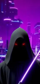 Hooded figure with lightsaber in neon cityscape.