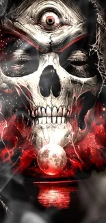 Skull artwork with red mystical theme and third eye design.