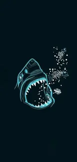 Dark shark design with aqua outline on black background wallpaper.