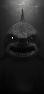 Dark and intense shark in deep ocean shadows.