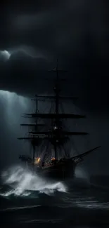 Dark ship sailing in a stormy ocean at night.