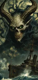 A dark, ghostly ship sails under an eerie skull.