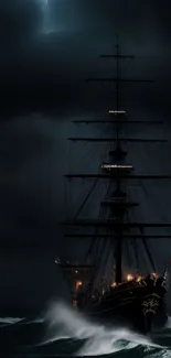 Dark sailing ship in stormy seas with lightning, creating dramatic ambiance.