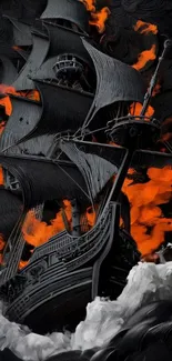 Dark ship with fiery orange sails amidst stormy seas.