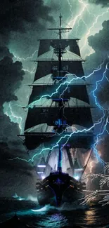 Dramatic dark ship with lightning and stormy sky wallpaper.