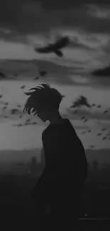 Anime silhouette with birds in dark sky wallpaper.