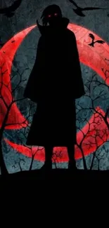 Anime silhouette with red moon background.