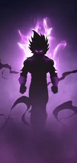 Dark silhouette with purple aura on a mobile wallpaper.