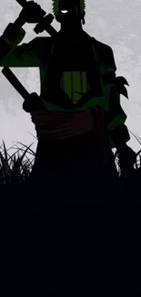 Dark green silhouette of a samurai on textured background.