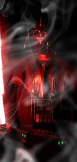 Sith Lord with glowing red lightsaber surrounded by smoke.