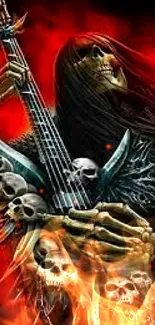 Skeleton playing guitar with skulls and red background on mobile wallpaper.