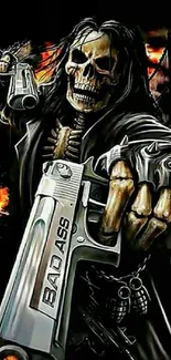 Edgy skeleton holding a silver pistol with flames and urban elements.