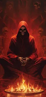 Hooded skeleton with fiery aura in dark red wallpaper.