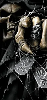 Dark gothic skeleton hand holding tags on a mobile wallpaper.