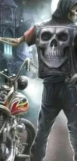 Skull-clad skeleton with bike in dark gothic scenery.