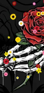 Skeleton hand holding a red rose on dark background.