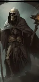 Dark skeleton warrior in gothic robe holding weapon