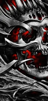 Dark skull with red and black abstract details.