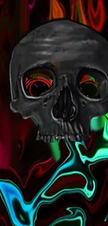 Dark skull with neon abstract vibrant background design.