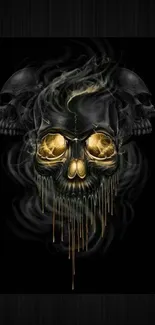 Dark skull wallpaper with glowing eyes and smoky patterns.