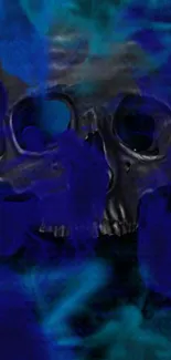 Dark skull surrounded by vivid blue smoke on a mobile wallpaper.