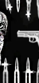 Edgy wallpaper featuring a skull and gun with dark aesthetic.