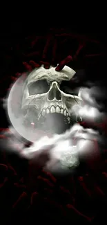 Dark skull with moon and clouds on a black background.