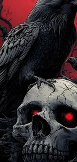 A skull with red eyes under a raven against a red background.