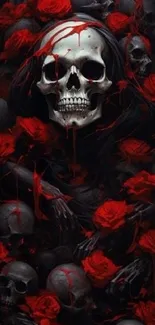 Dark skull and red roses mobile wallpaper.