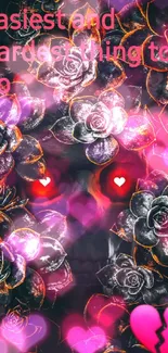 Skull with red eyes surrounded by roses, dark art wallpaper with heart icon.