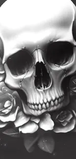 Black and white skull with roses wallpaper.