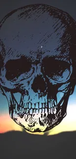 Dark skull overlay on sunset sky wallpaper.