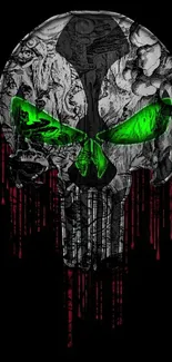 Dark skull mobile wallpaper with green eye highlights.